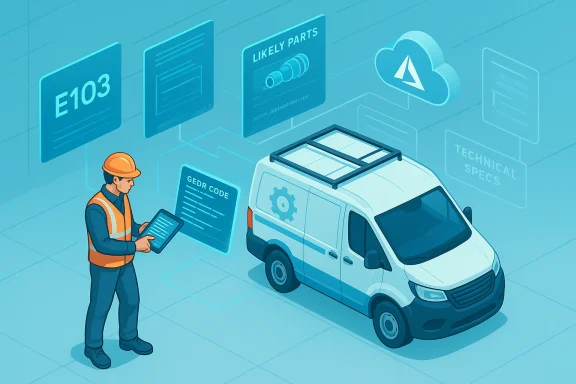 Technician uses a tablet to diagnose and manage a van's parts in a digital service hub.