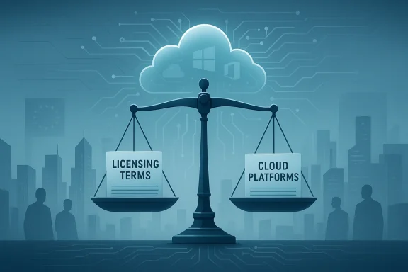 A scale balances licensing terms and cloud platforms against a tech-city backdrop.
