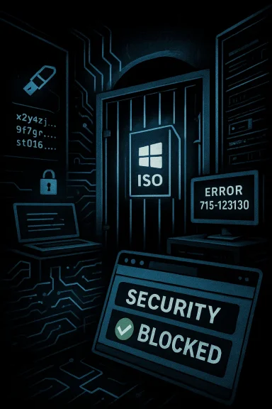 A cyber-security scene featuring a locked vault door labeled ISO, an error monitor, and a “Security Blocked” alert. A cyber-security scene featuring a locked vault door labeled ISO, an error monitor, and a “Security Blocked” alert.