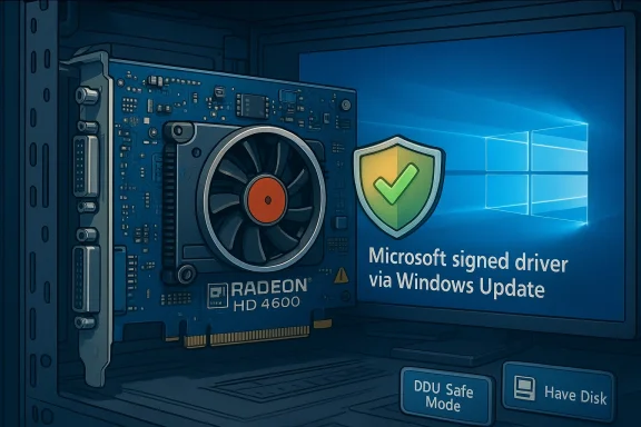 Radeon HD 4600 graphics card inside a PC with a Windows Update driver prompt.