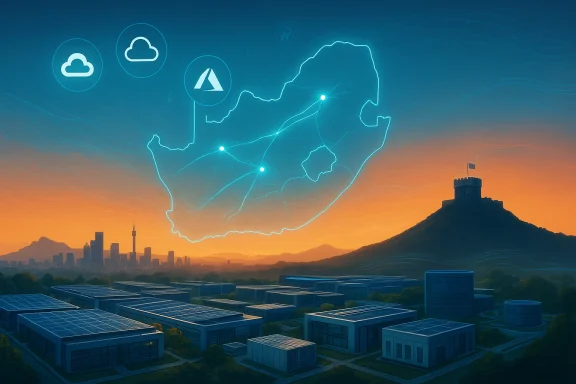Futuristic scene with a glowing neon map over solar-powered buildings and a hilltop fortress at sunset.