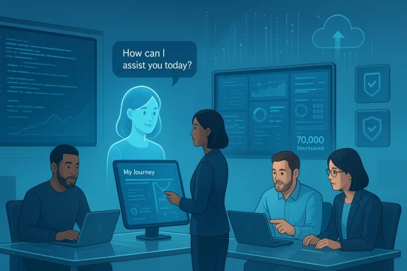 A team collaborates with a holographic assistant as dashboards display insights.