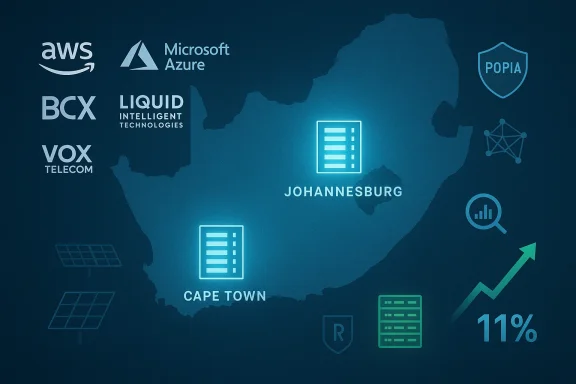 Blue-toned map of Africa highlighting Johannesburg and Cape Town with glowing tech icons.