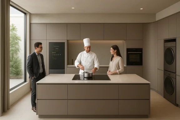 Chef in white cooks at a sleek kitchen island while two guests watch.