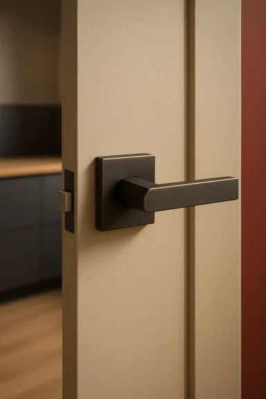 Close-up of a modern dark-bronze door handle on a beige door, slightly ajar.