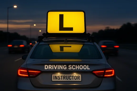 Driving-school car on a dim highway shows a large L sign and an INSTRUCTOR plate.