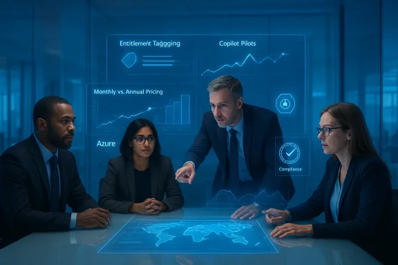A diverse team reviews blue holographic dashboards and a world map in a futuristic meeting.