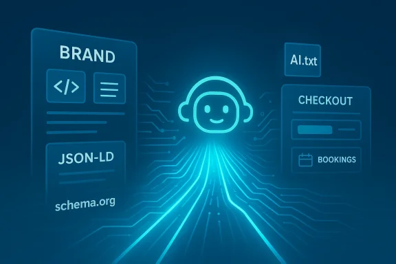 Blue futuristic AI chatbot hub with brand, JSON-LD, and checkout visuals.