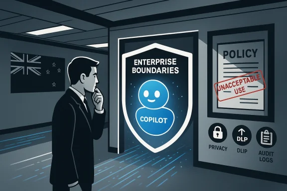 A businessperson contemplates enterprise boundaries and policy controls safeguarding privacy.