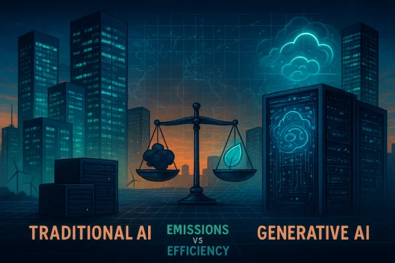 Futuristic cityscape with a balance scale contrasting traditional AI emissions versus generative AI efficiency.