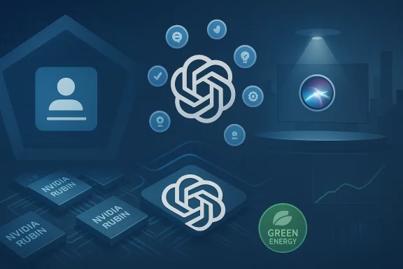 Blue tech collage with a central interwoven knot, floating AI icons, Nvidia Rubin chips, and a Green Energy badge.