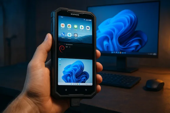 A rugged smartphone in a protective case held beside a desktop monitor displaying a blue wallpaper.