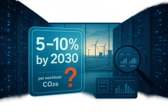 A data center sign prompts 5-10% CO2e per workload by 2030, with wind turbines outside.