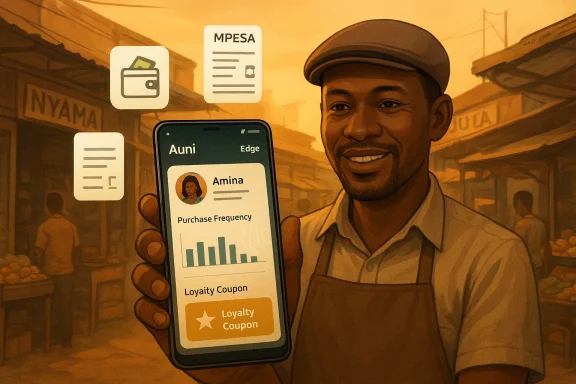 Market vendor shows a loyalty coupon app on his smartphone.