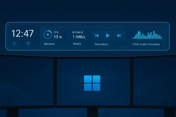 Blue, futuristic multi-monitor setup showing time, stats, media controls, and an audio visualizer.