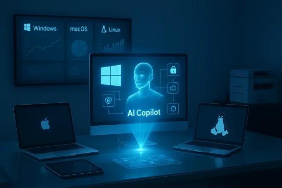 AI Copilot on a central monitor in a blue-tinted workstation with Windows, macOS, and Linux dashboards.