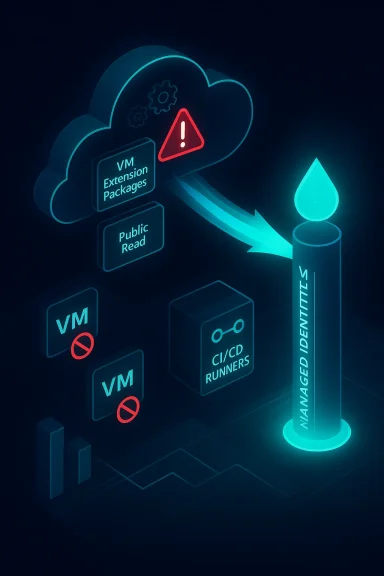 Neon cloud diagram showing VM extension packages, public read, CI/CD runners, and a managed identity pillar.