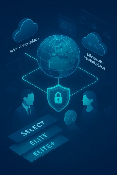 Neon globe connects AWS and Microsoft Marketplaces, guarded by a security shield and elite tiers.