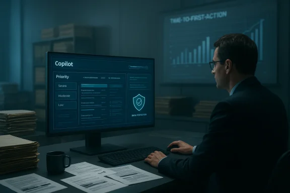Analyst at a desk monitors a Copilot dashboard showing priority levels.
