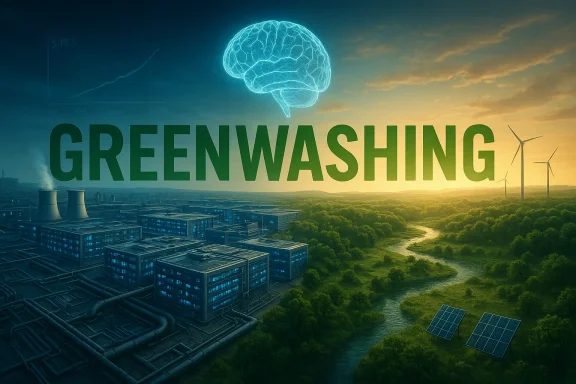 Greenwashing: industrial landscape encroaches on nature with a glowing brain.