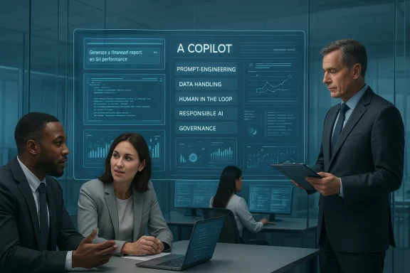 Team reviews an AI dashboard labeled 'A COPILOT' covering governance, prompt engineering, and data handling.
