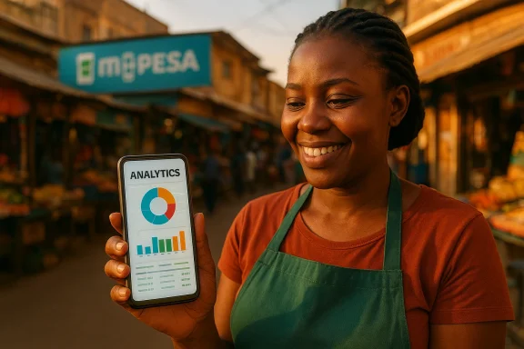 Smiling market vendor displays analytics charts on a smartphone.