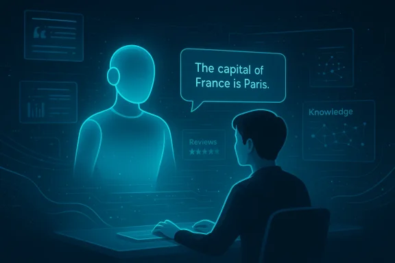 A blue holographic assistant chats with a user, answering: “The capital of France is Paris.”