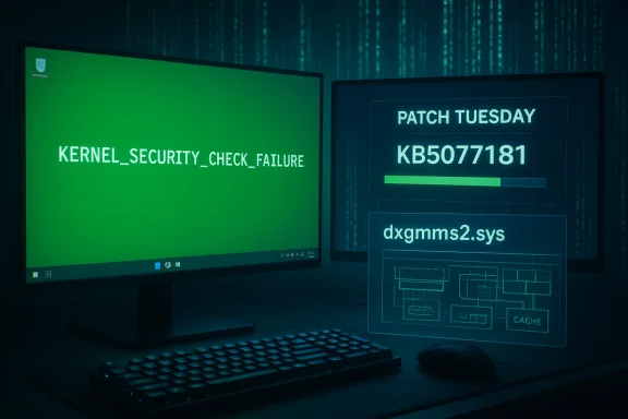 Dual monitors display a kernel security check failure and Patch Tuesday update progress.