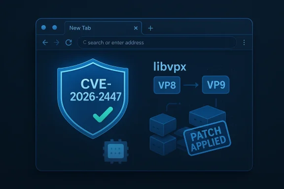 Blue cybersecurity illustration of CVE-2026-2447 shield with libvpx patch applied.