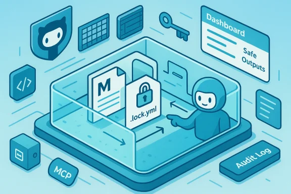 Isometric dashboard scene of a developer safeguarding a .lock.yml file for safe outputs and audits.