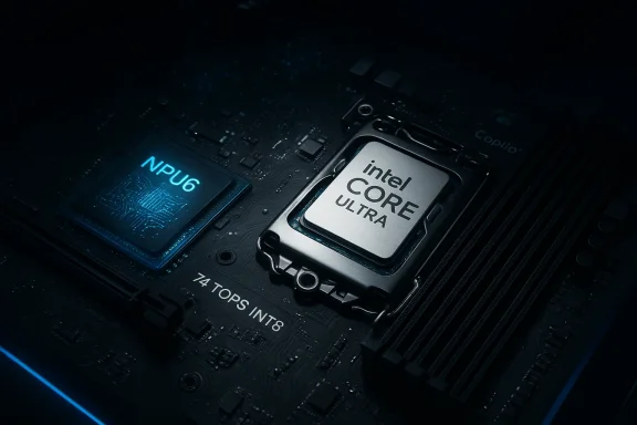 Close-up of Intel Core Ultra CPU beside an NPU6 AI accelerator on a dark motherboard.