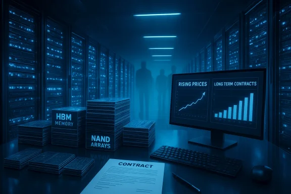 Blue-toned data center with server racks, memory stacks, and a monitor showing rising prices.