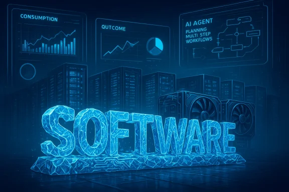Ice-blue 3D “SOFTWARE” sculpture in a data center with servers and analytics dashboards.
