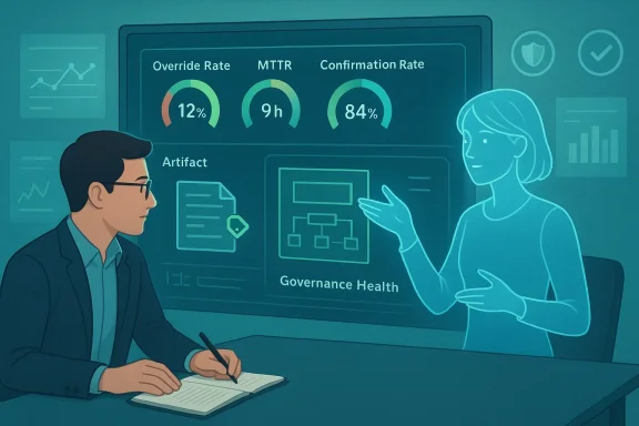 A man and a translucent holographic woman review a governance health dashboard with metrics.