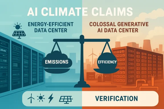 Split-screen infographic weighing emissions against efficiency in AI data centers.