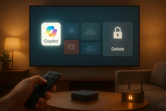 Living room scene with a remote as the TV shows Copilot and a Delete lock panel.