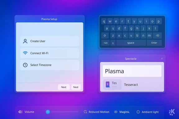 A futuristic blue-purple UI with Plasma Setup panels, a floating keyboard, and a Spectacle window.