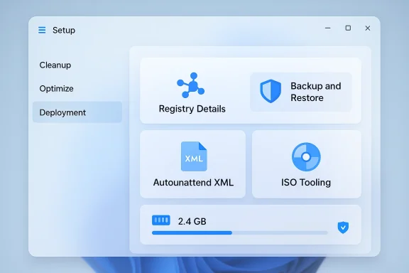 Blue-toned setup UI with tiles for Registry Details, Backup and Restore, Autounattend XML, and ISO Tooling.