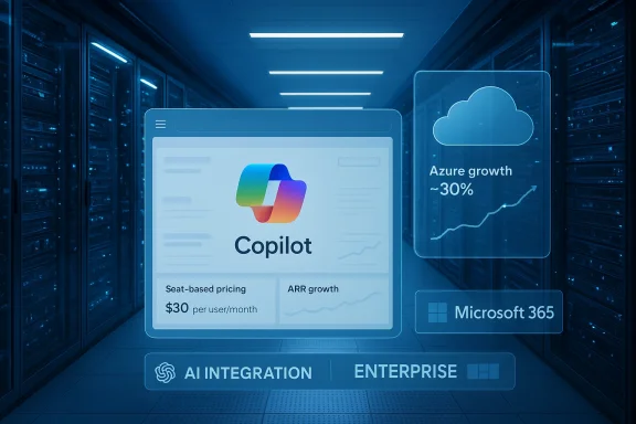 Blue data-center scene with a holographic Copilot dashboard showing pricing and cloud growth.