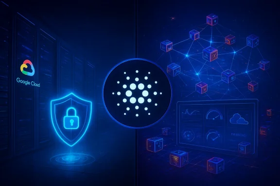 Secure Cardano blockchain depicted in a Google Cloud data center with interconnected nodes.