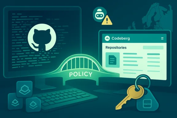 Policy gates open-source repositories (GitHub and Codeberg) with keys and security alerts.