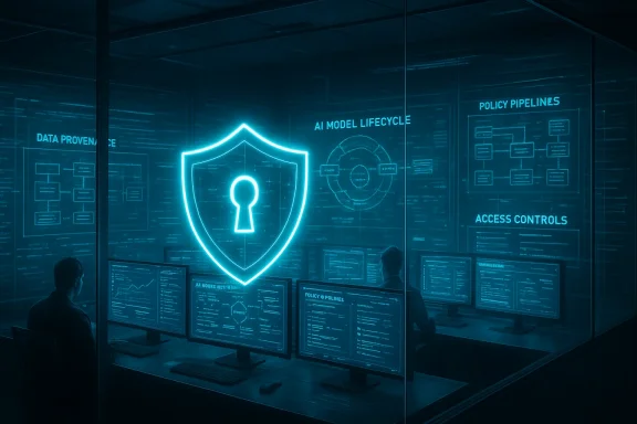 A futuristic security operations center with a glowing shield icon and multiple screens.