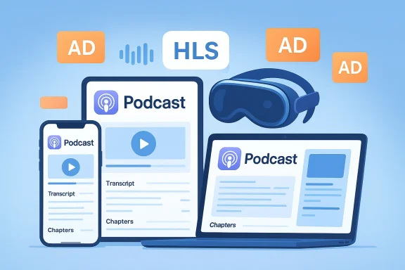 A multi-device podcast setup featuring a smartphone, tablet, laptop, and VR headset.