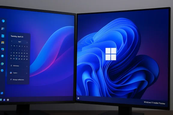 Dual-monitor setup running Windows 11, left showing a calendar panel, right displaying the Windows logo wallpaper.