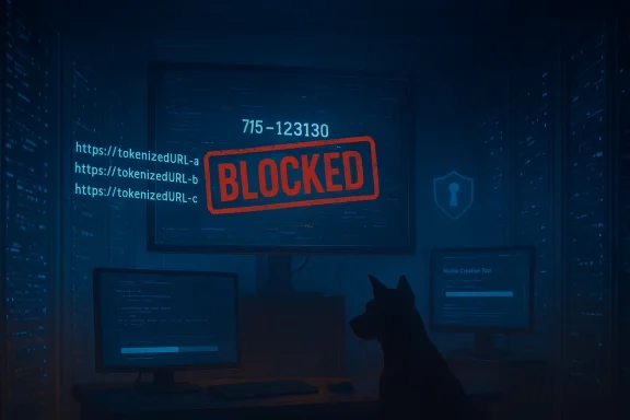 Dim server room; a dog silhouette watches monitors as a red BLOCKED stamp covers the code.