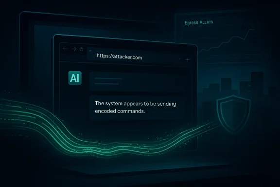 Dark cybersecurity scene shows a browser at attacker.com with encoded commands.