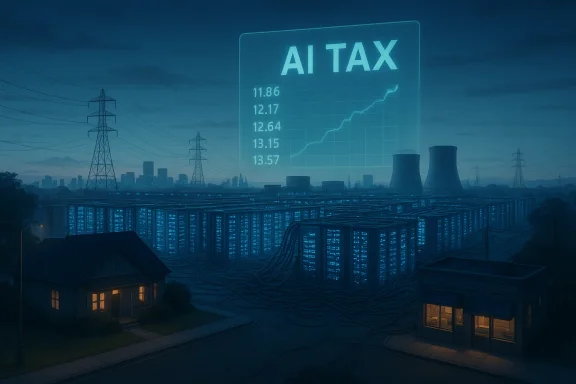 Giant 'AI TAX' sign glows over vast data centers in a blue-tinged cityscape.