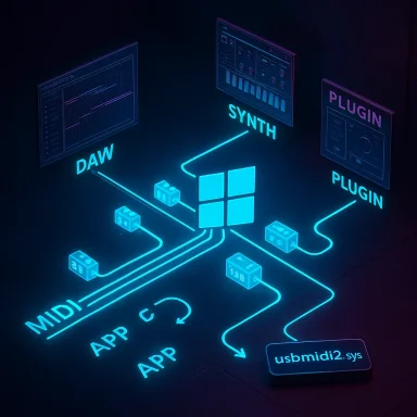 Neon diagram of a Windows-based audio pipeline linking MIDI, DAW, synth, and plugins.