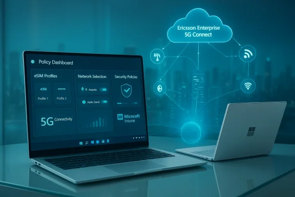 Two laptops display a 5G policy dashboard and Ericsson Enterprise cloud network visualization.