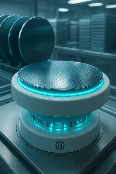A futuristic circular platform with a glowing blue rim in a high-tech lab.